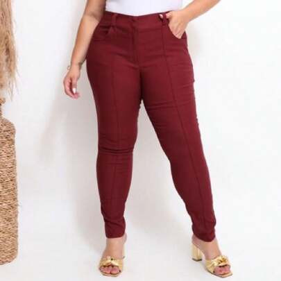 Calça Alfaiataria Cos largo dois botoes forrado Bolso faca Plus Size de Bengaline | SHEIN