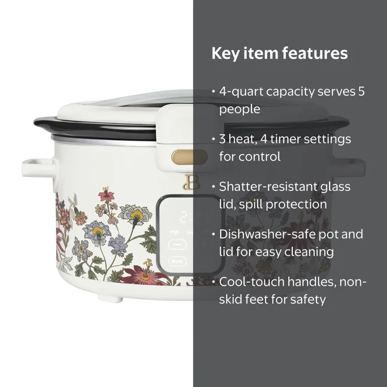 Beautiful 4 Qt Digital Slow Cooker with Hinged Locking Lid, Wildflower White by Drew Barrymore | Walmart (US)