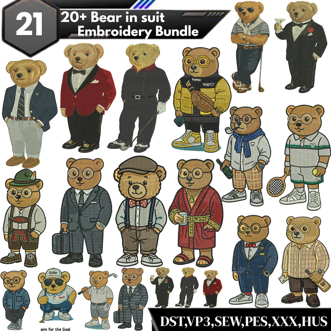 Bear Embroidery Design, Fashion Teddy Bear Embroidery, Teddy Bear in Glasses, Bear in Suit Embroi... | Etsy (US)