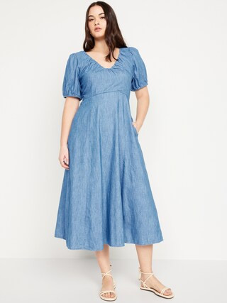 Puff-Sleeve Midi Swing Dress | Old Navy (US)
