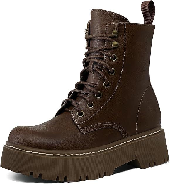 Women's Combat Ankle Boots Lace up Platform Lug Sole Chunky Low Heel Booties with Side Zipper | Amazon (US)