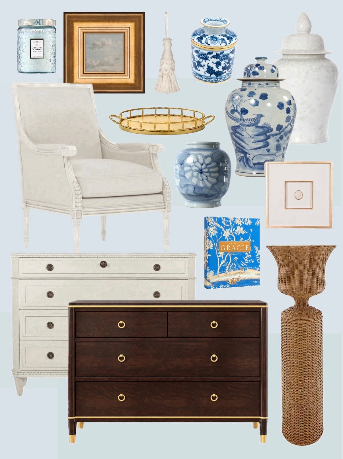 🎉 Memorial Day Sale! 🎉 home decor and furniture deals French chest of drawers dresser French chair ginger jars gold tray wicker pedestal with urn stand summer decor blue and white decor classic timeless elegant  traditional style
