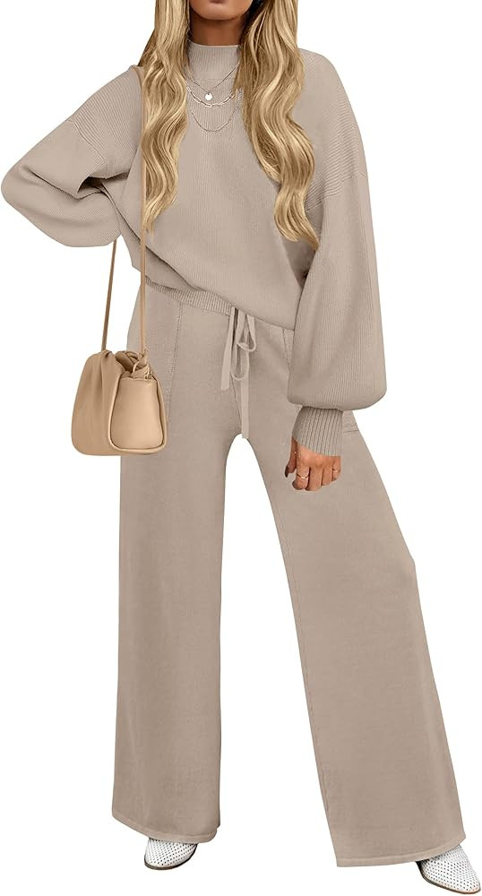 ZESICA Women's 2 Piece Outfits Sweater Set Long Sleeve Mock Neck Knit Pullover and Wide Leg Pants... | Amazon (US)