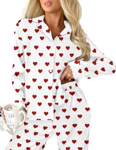 Ecosunny Valentines Day Pajama Set Women's Heart Print Long Sleeve Sleepwear Two Piece Button Down Pjs Lounge Set Whiet L | Amazon (US)