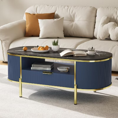 COZONY Modern Fluted Coffee Table with Drawer, 48" Oval Faux Marble Top & Gold Legs for Living Room | Target