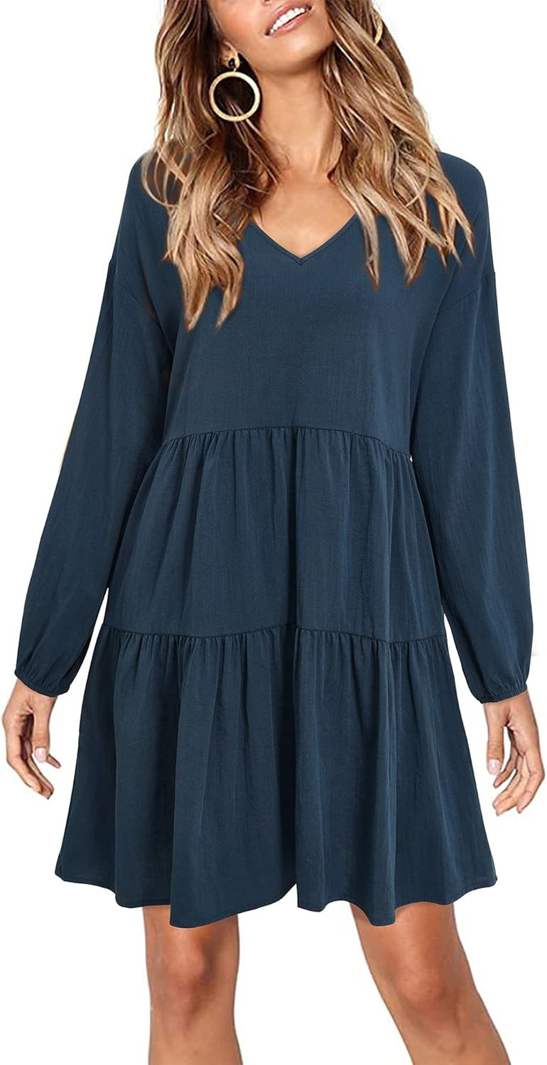 ULTRANICE Women's Casual Dress V-Neck Lantern Sleeve Ruffle Shift Dresses with Pockets | Amazon (US)