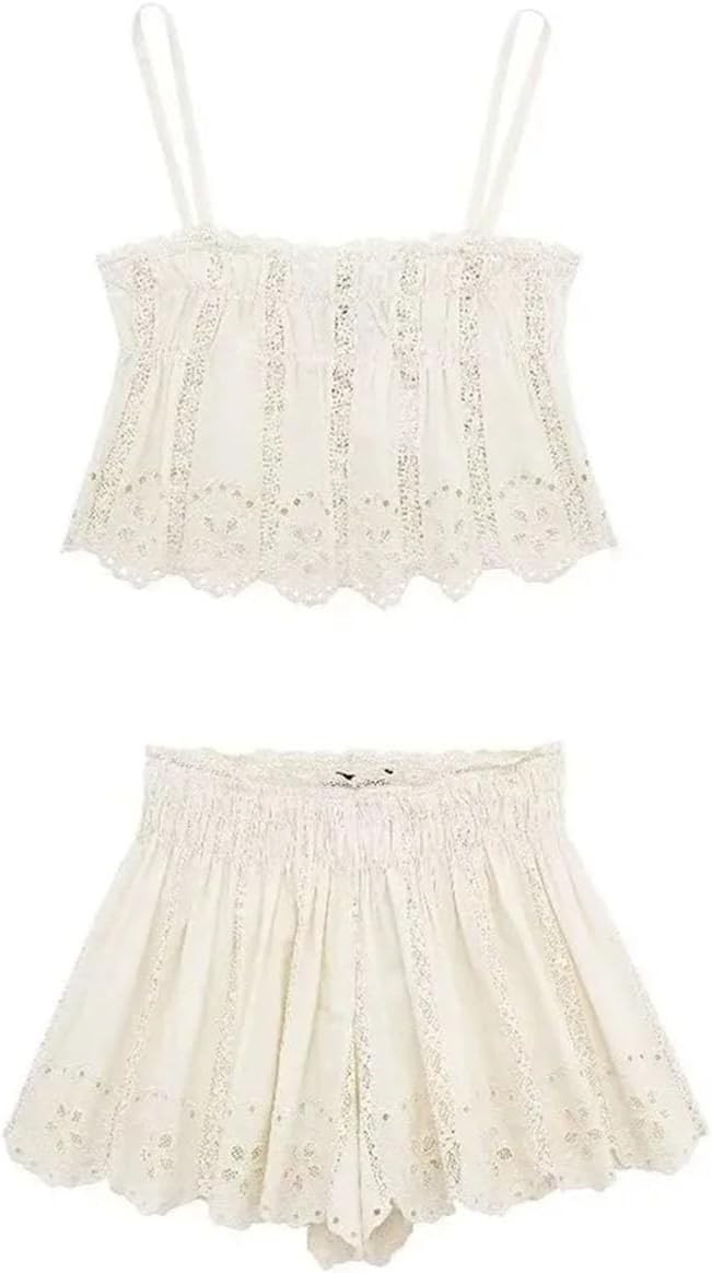 Women's Solid Color Casual Lace Hollow Irregular Hem Suspender Top Shorts Set | Amazon (US)