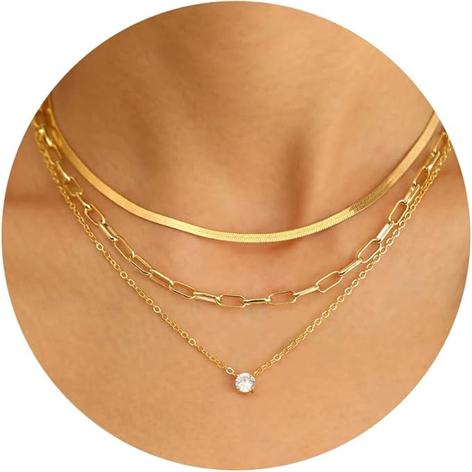 17 MILE Gold Layered Necklace Set for Women Girls, 14K Real Gold Plated CZ Pendant Necklaces, Dai... | Amazon (US)