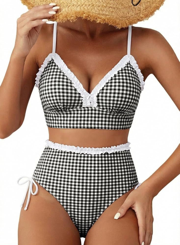 Herseas Women's Splice Ruffle Trim Bikini Sets Tie Side Swimsuits High Waisted Bathing Suits | Amazon (US)