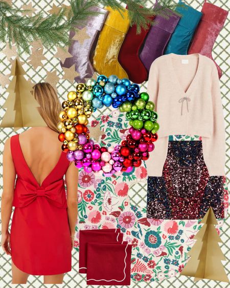 Festive holidays Christmas New Years red bow ornament wreath sequin skirt stockings tree skirt scalloped napkins garland cocktail attire party outfits 

#LTKGiftGuide #LTKparties #LTKHoliday