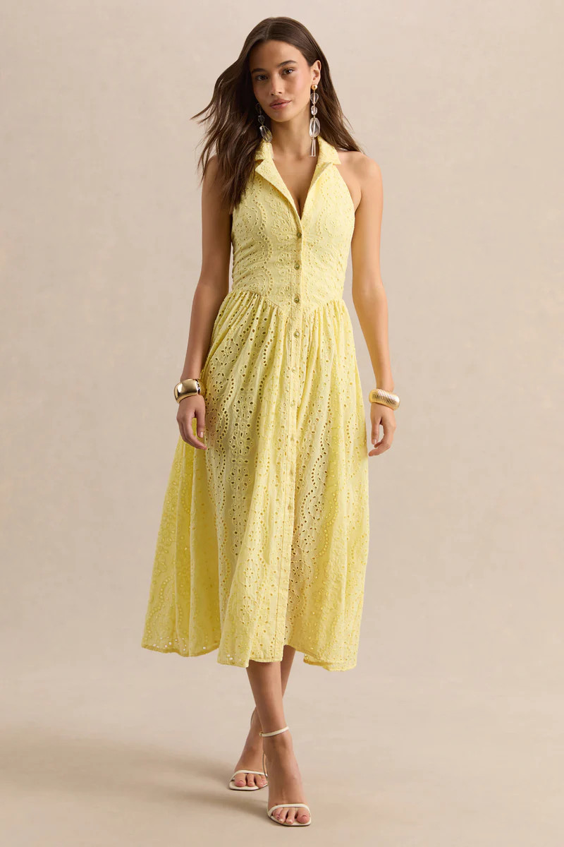 Jezebel  Yellow Lace Plunge-Neck Collared Midi Dress | Club L London