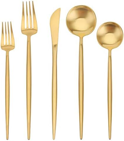 Matte Gold Silverware Set, SHARECOOK 5-Piece Stainless Steel Satin Finish Flatware Set, Kitchen U... | Amazon (US)