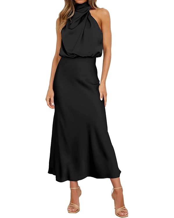 Women's Satin Maxi Dress Elegant Sleeveless Mock Neck Cocktail Party Dresses | Amazon (US)