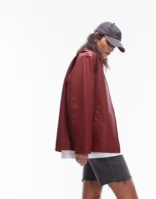 Topshop faux leather jacket with center front zip in red | ASOS (Global)