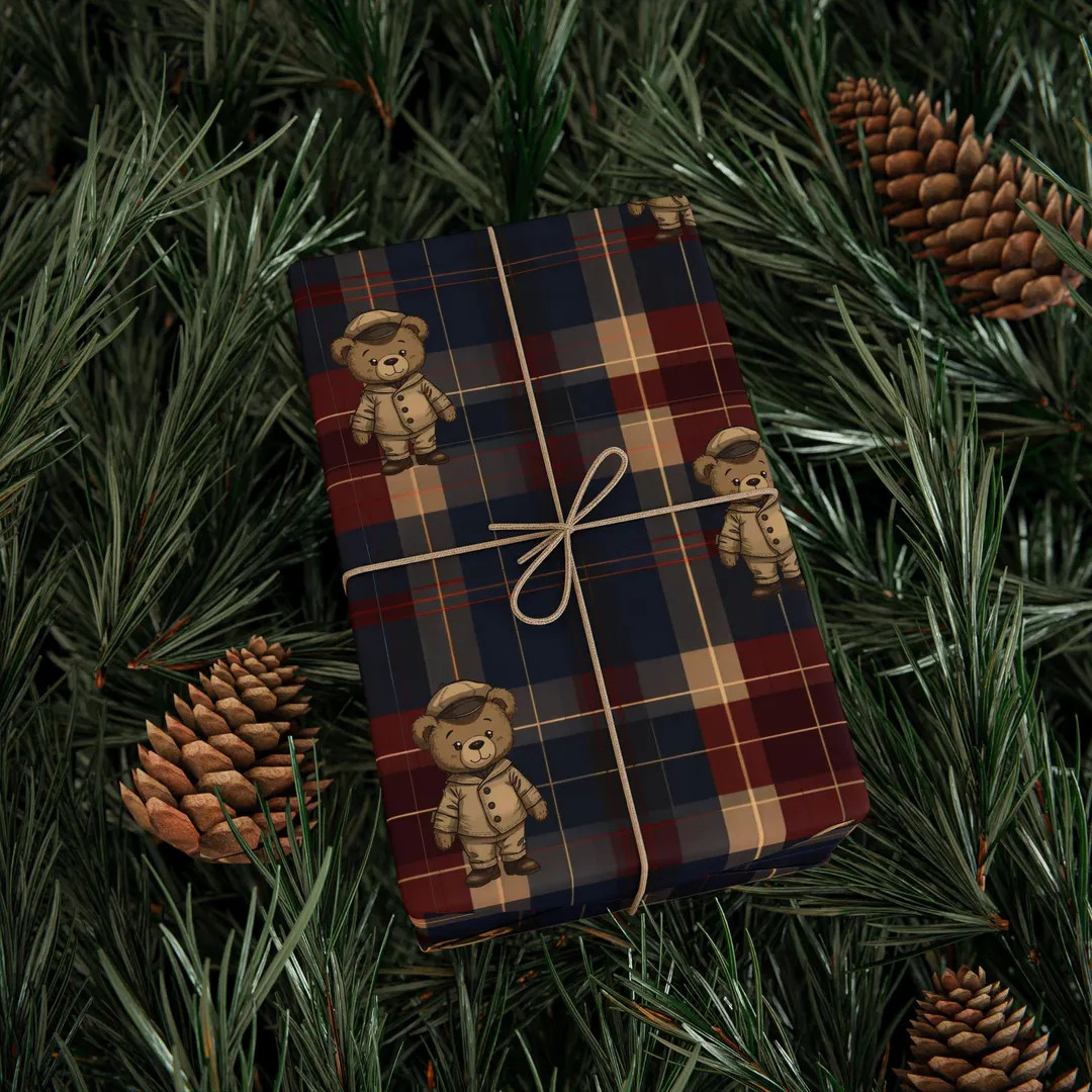 Ralph Lauren Christmas, Dark Plaid Wrapping Paper, Teddy Bear, Masculine Gift Wrap, Mens Wrapping... | Etsy (US)