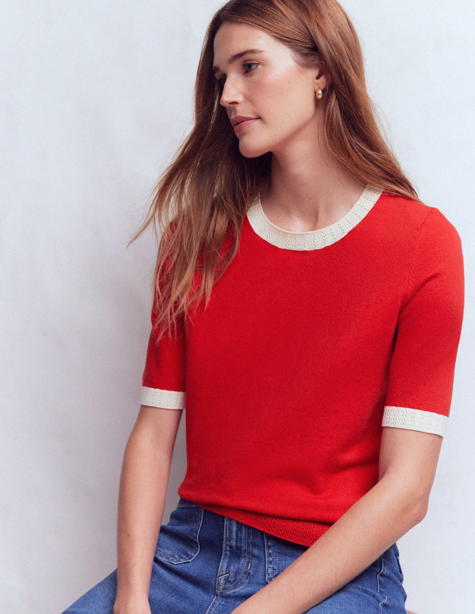 Emilia Cotton Crew T-shirt-Salsa Red, Ivory | Boden UK
