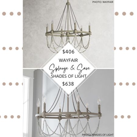 🚨Updated Find🚨 As the name suggests, Shades of Light’s Elegant Rustic Draped Chandelier is the perfect combination of rustic meets traditional. It features a metal frame, draped white wood beads, iron chains, and a washed oak finish.

Wayfair’s Fitzgibbon 6-Light Candle Style Wagon Wheel Chandelier is also finished in a French washed oak, has a wagon wheel silhouette, wooden and crystal beads, candelabra-style bulbs, and weathered iron chains. 

Rustic chandelier, wagon wheel chandelier, draped beaded chandelier, candle-style chandelier, empire chandelier. Shades of light dupe. Living room chandelier. Dining room chandelier. Bedroom chandelier. Modern farmhouse lighting. Modern farmhouse chandelier. #dupe #lookforless #chandelier #lighting #light #shadesoflight #sale 

#LTKhome #LTKstyletip #LTKsalealert