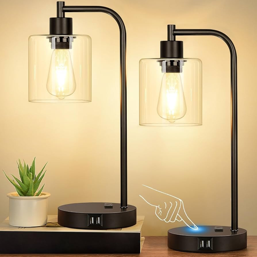 Set of 2 Industrial Touch Control Table Lamps with 2 USB Ports and AC Outlet - 3-Way Dimmable Bla... | Amazon (US)