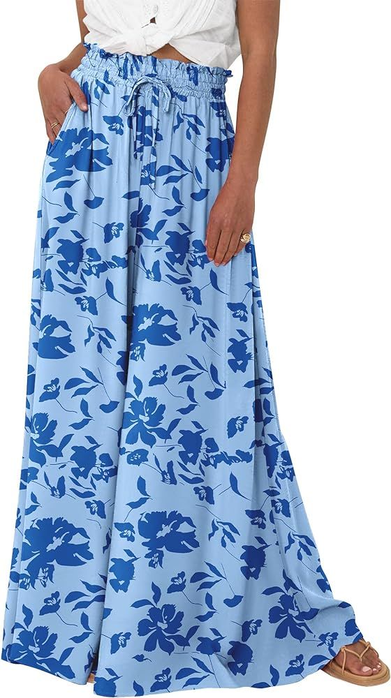 BTFBM Women Casual High Waist Wide Leg Pants Summer Floral Solid Long Palazzo Pants Lounge Beach ... | Amazon (US)