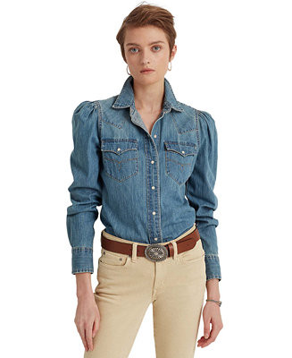 Lauren Ralph Lauren Denim Puffed Sleeve Top  & Reviews - Tops - Women - Macy's | Macys (US)