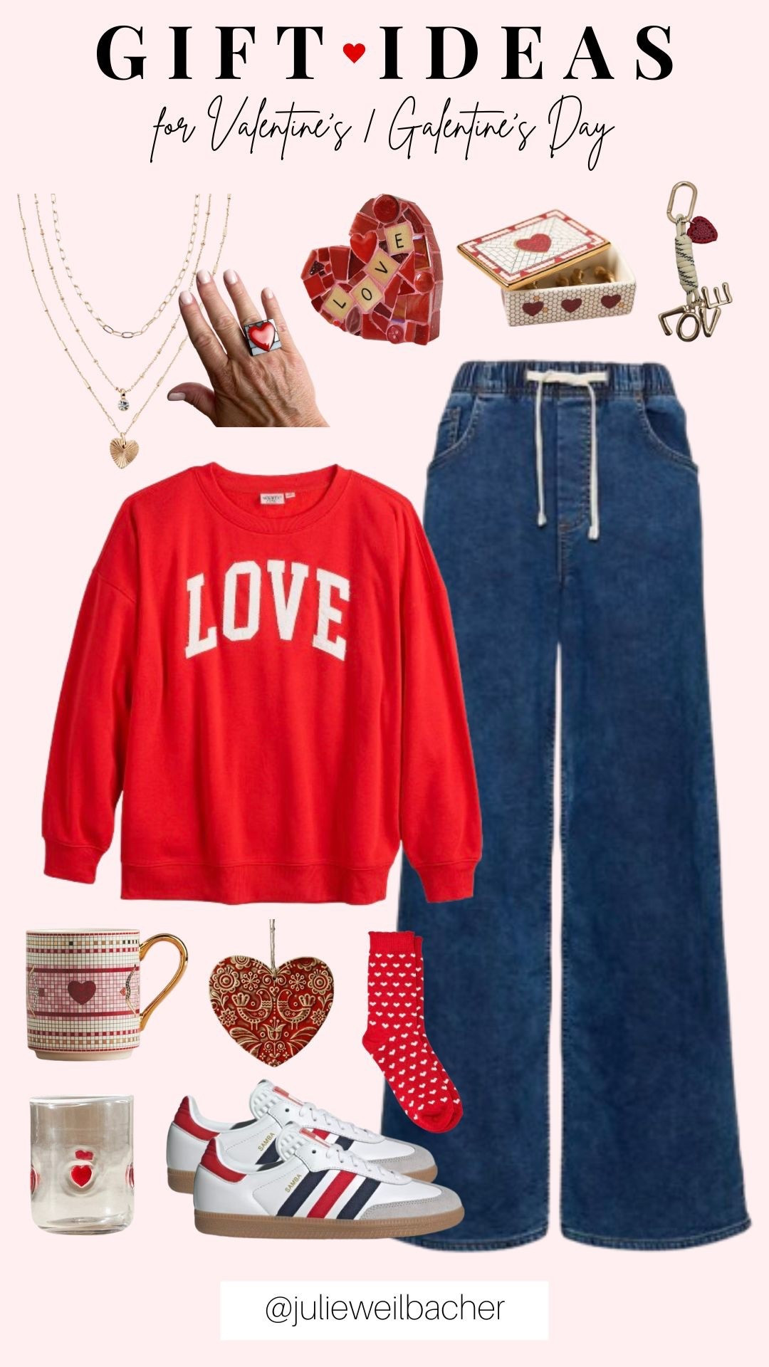 Valentine’s Day, Galentine’s Day, or just an excuse to treat yourself…I’m not judging. 💕

This little collection is full of fun, wearable, cozy, everyday gifts that feel special without being over the top. A bold LOVE sweatshirt you’ll want to live in, comfy wide-leg jeans, playful Sambas, heart socks that make you smile, jewelry that adds just the right pop of love to an outfit, and small home decor that adds a little pop of love.

There are also the cutest mugs and glasses for hot coffee, iced drinks, or cozy evening sips because festive drinkware is basically a personality trait. These are the kinds of gifts that work for friends, sisters, partners, or yourself when you’re feeling very “add to cart.”

Cute, comfy, and actually useful. My favorite kind of gift. ❤️

For mosaic tips, tutorials, inspiration, and so much more please visit my YouTube channel: YouTube.com/julieweilbacher. Follow @julieweilbacher on Instagram for all things mosaic art.

#valentinesdaygifts #galentinesday #giftideasforwomen #mosaic #valentinesdaystyle #cozygifts #heartdecor #valentinesoutfits #valentinesdaydecor #anthro #cuteaccessories #giftinspo #gap #LOVEsweatshirt #widelegjeans #sambas

#LTKSeasonal #LTKootd #LTKFindsUnder100