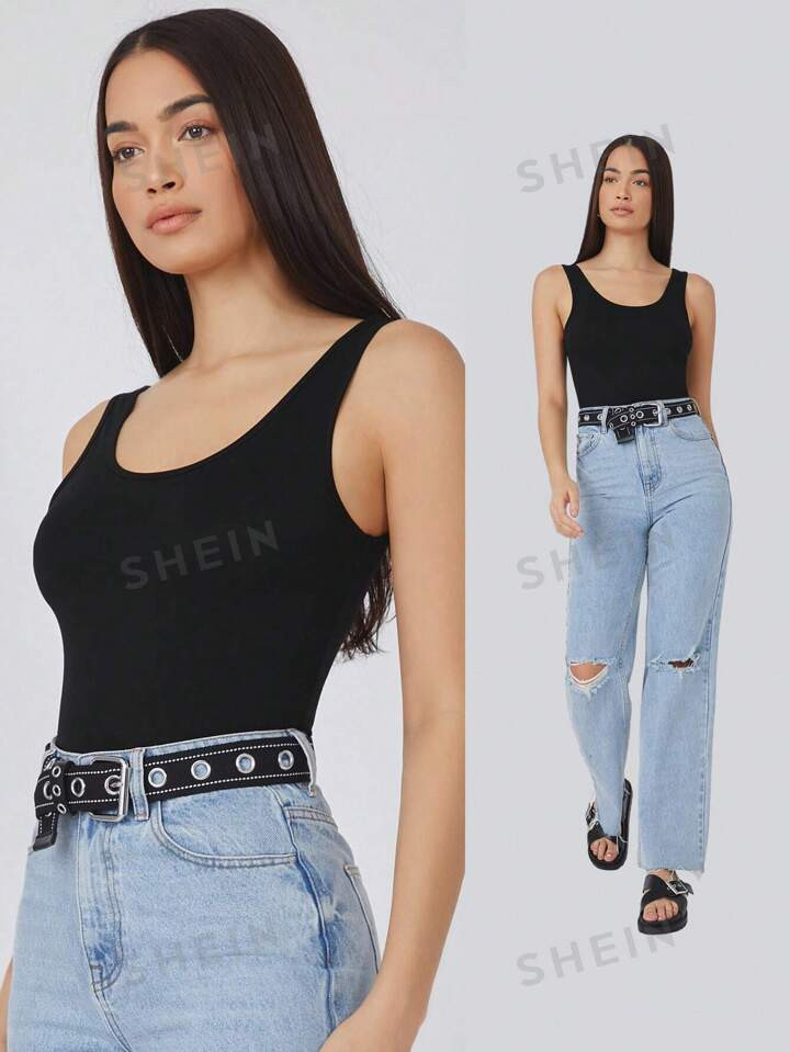 SHEIN BASICS Scoop Neck Solid Tank Top | SHEIN