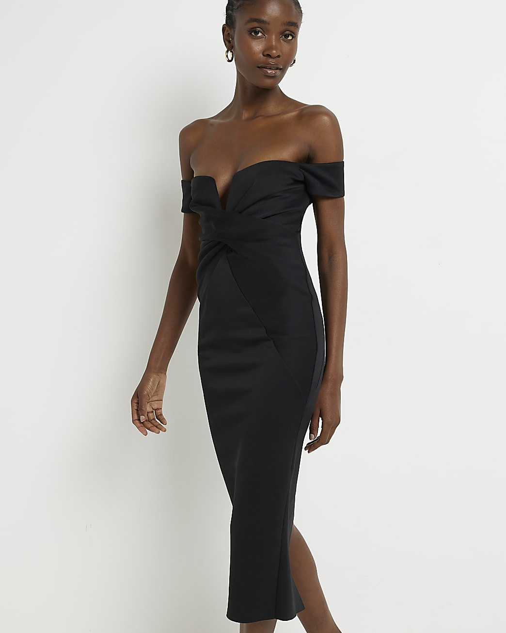Black bardot bodycon midi dress | River Island (US)