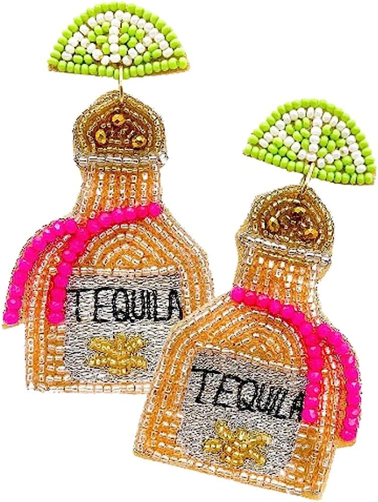 Large Seed Beaded Tequila Lime Bottles Dangle Earrings, Statement Earrings | Amazon (US)