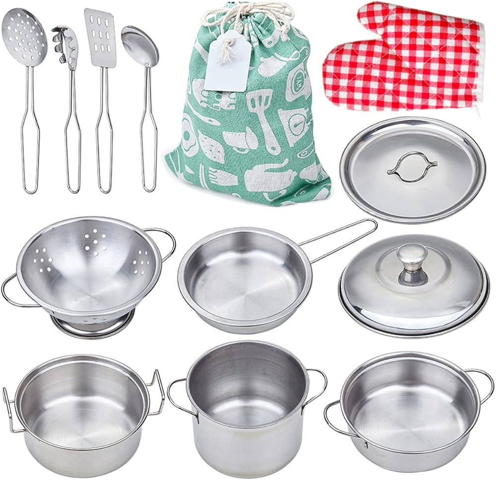 Play Pots and Pans Toys for Kids, Kitchen Playset Pretend Play Toys - Pretend Cookware Mini Stain... | Amazon (US)