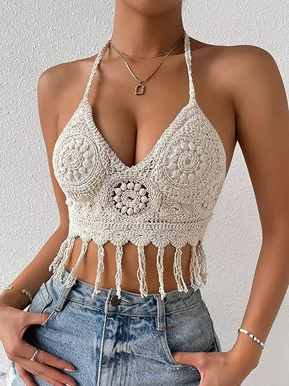 SHENHE Women's Crochet Push Up Bikini Tops Sleeveless Tassel Trim Halter Cami Tank Crop Tops | Amazon (US)