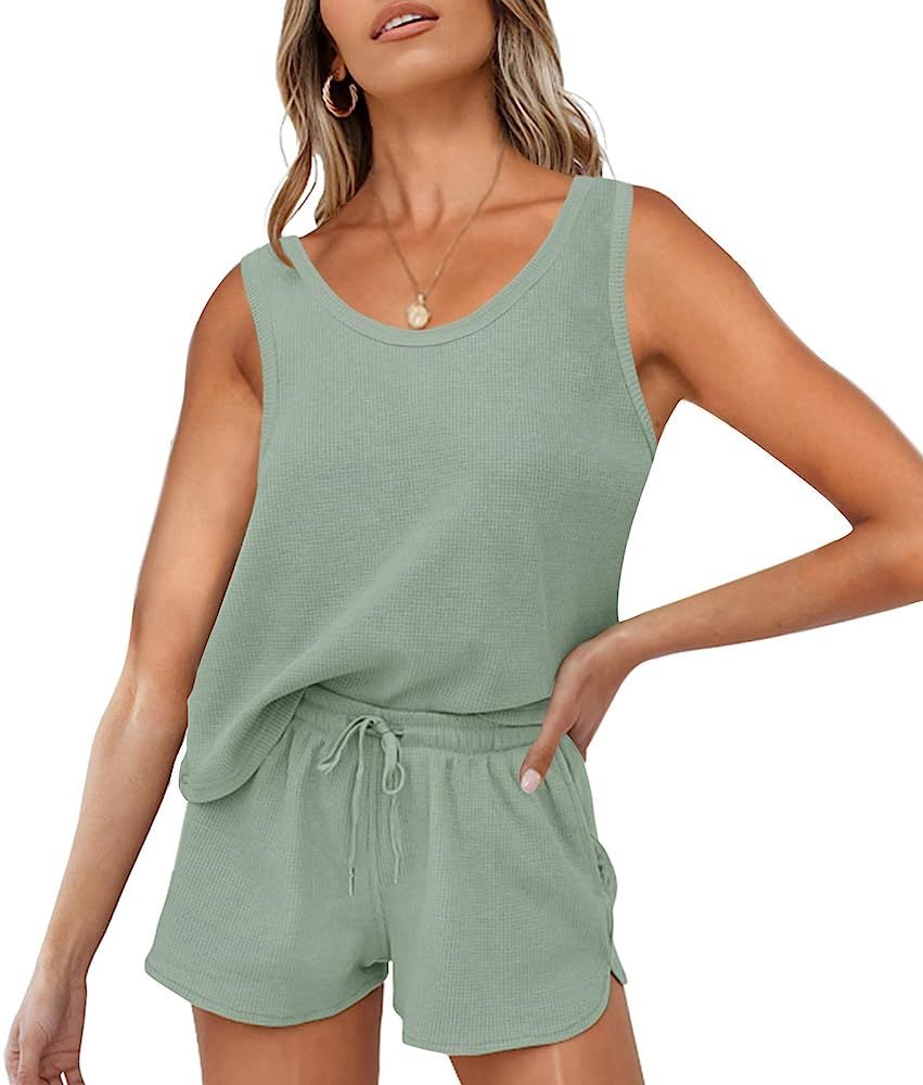 ZESICA Women's Summer Waffle Knit Pajama Set Sleeveless Tank Top and Shorts Loungewear Sweatsuit ... | Amazon (US)
