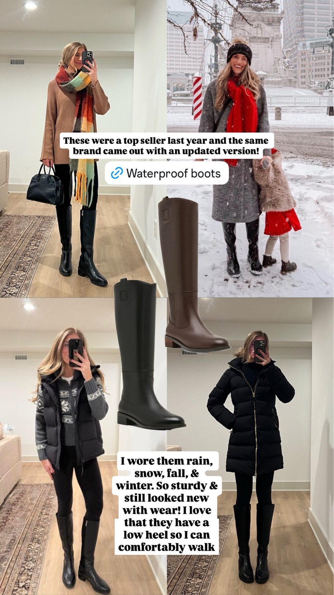 My favorite boots of an Nordstrom sale but an updated version. They are waterproof and work and all the weather conditions. I got mine last year and they still look brand new. I get my true size. I am a size 10 1/2 but that size doesn’t exist so I got an 11.