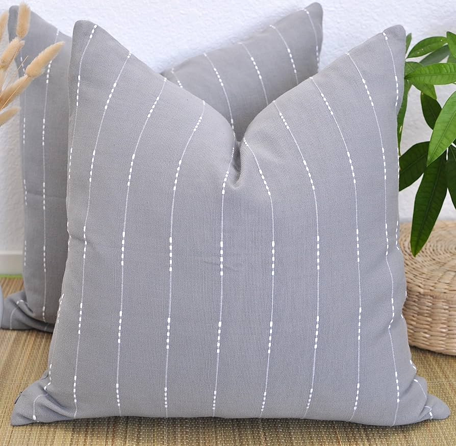 Ash Grey Cotton Pillow Covers 20 x20 inches Gray Outdoot/Indoor Woven Striped Pattern Modern Geom... | Amazon (US)
