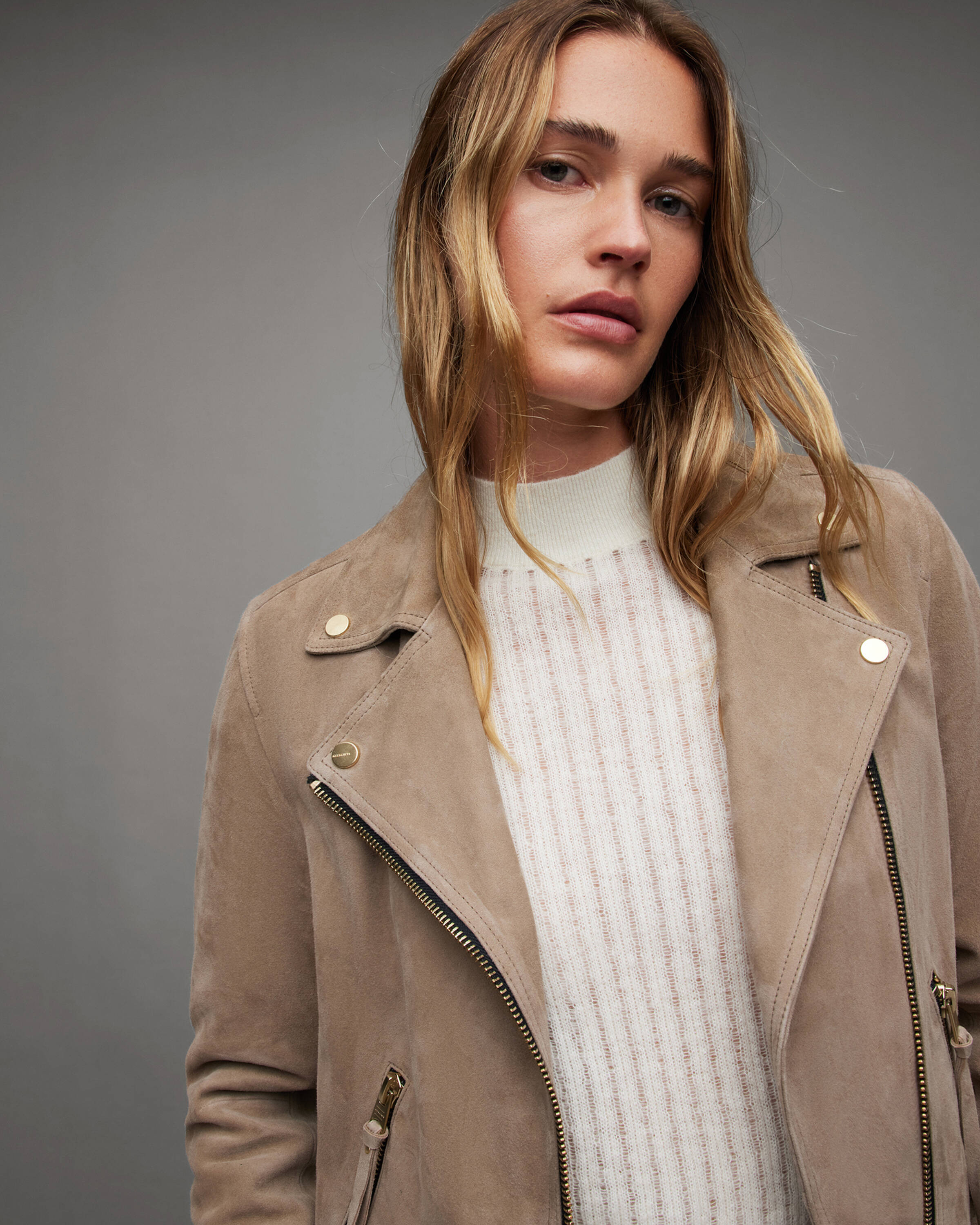 Dalby Slim Fit Suede Biker Jacket WARM TAUPE | ALLSAINTS US | AllSaints US