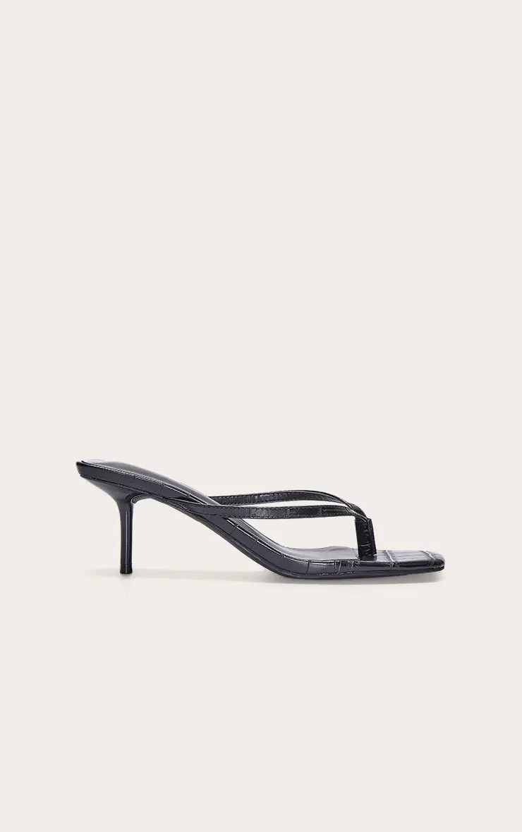 Black Pu Square Toe Thong Mid Heeled Mules | PrettyLittleThing UK