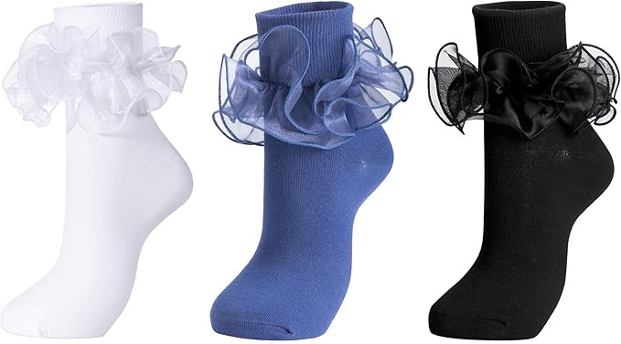 Dicry Women Big Ruffle Socks Double Lace Turn Cuff (Size 9-11, 3 Pairs) | Amazon (US)