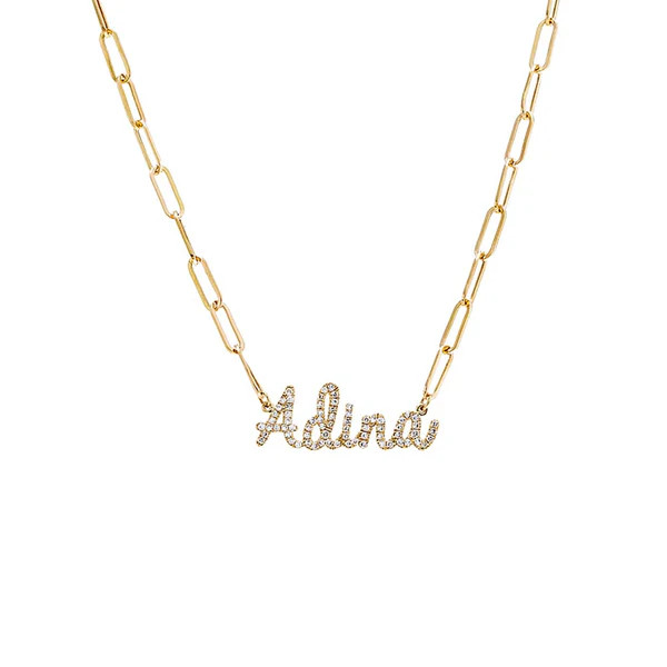 Diamond Pave Script Name Paperclip Link Necklace 14K | Adina Eden