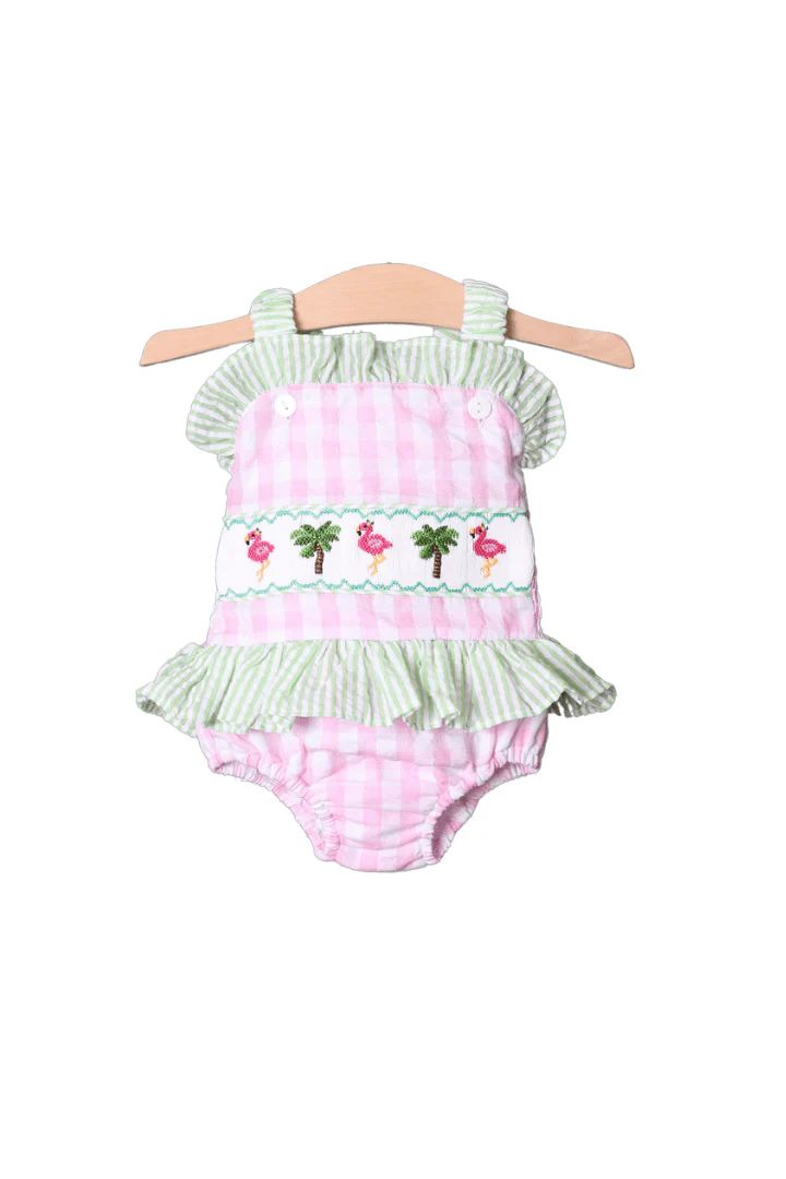 Smocked Pink Gingham Seersucker Flamingo Swimsuit | The Smocked Flamingo