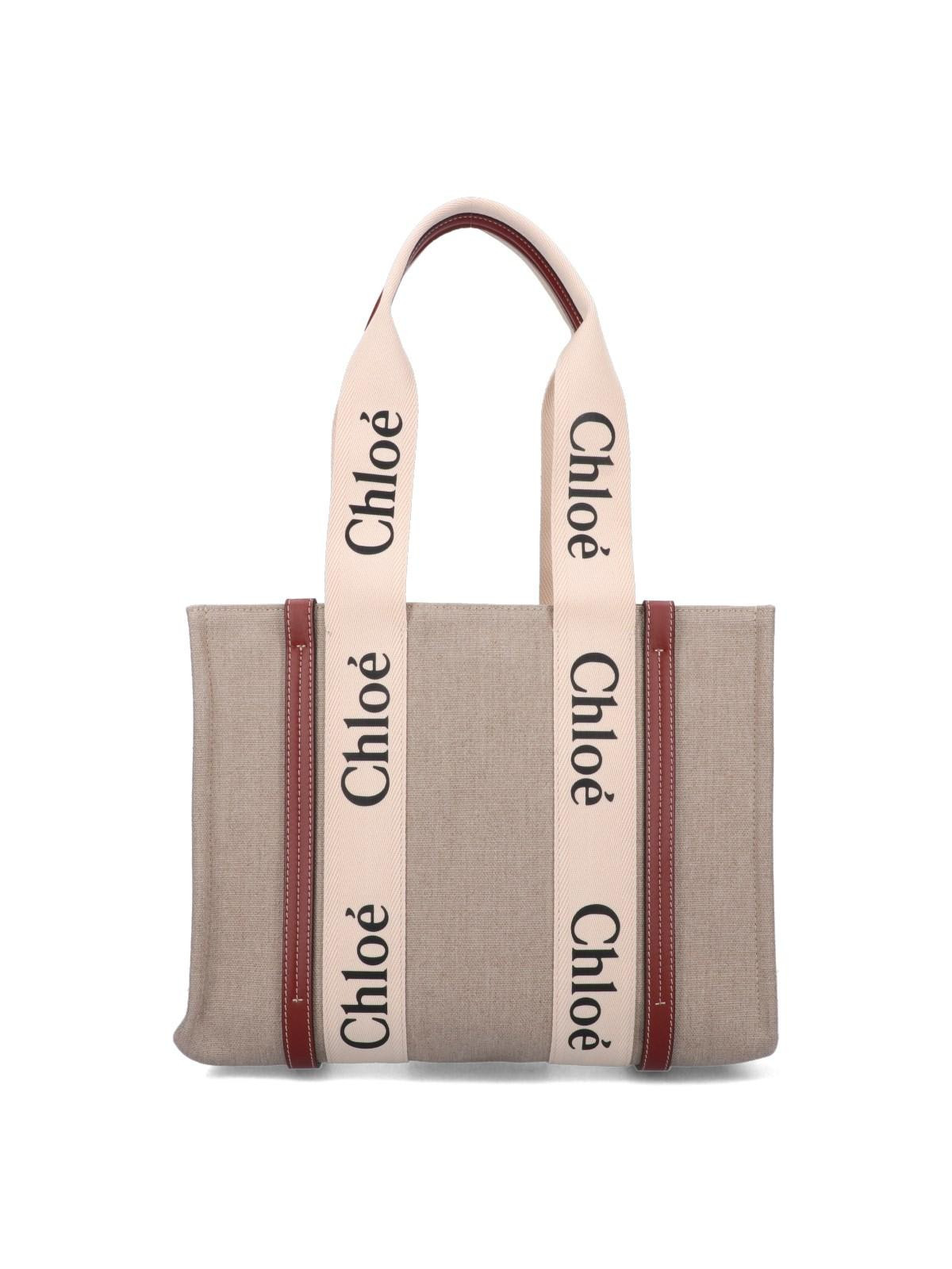 Chloé White And Brown Medium Woody Shopping Bag With Shoulder Strap | Italist.com US