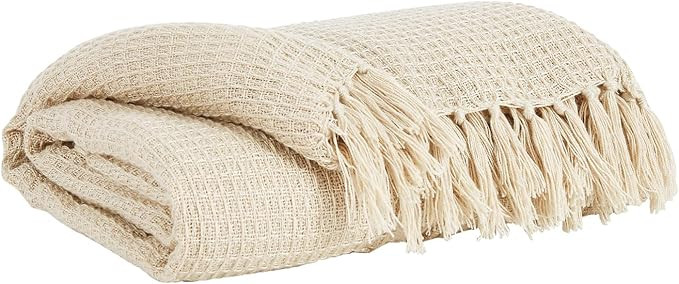 Signature Design by Ashley Rowena Boho Waffle Weave Throw Blanket, 50 x 60 Inches, Beige | Amazon (US)