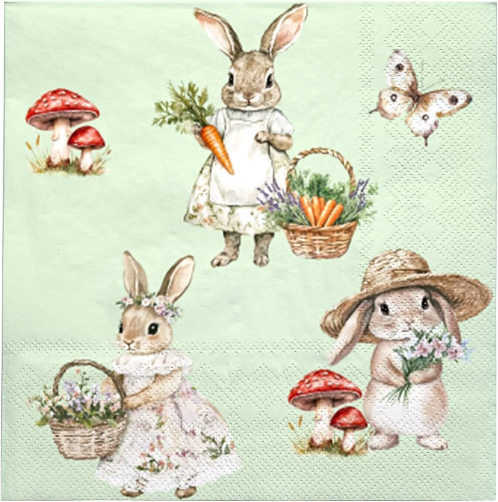 LeZakaa 50Pcs Easter Bunny Paper Napkins, 3-Ply Green Pastel Garden Rabbit Cocktail Beverage Napk... | Amazon (US)