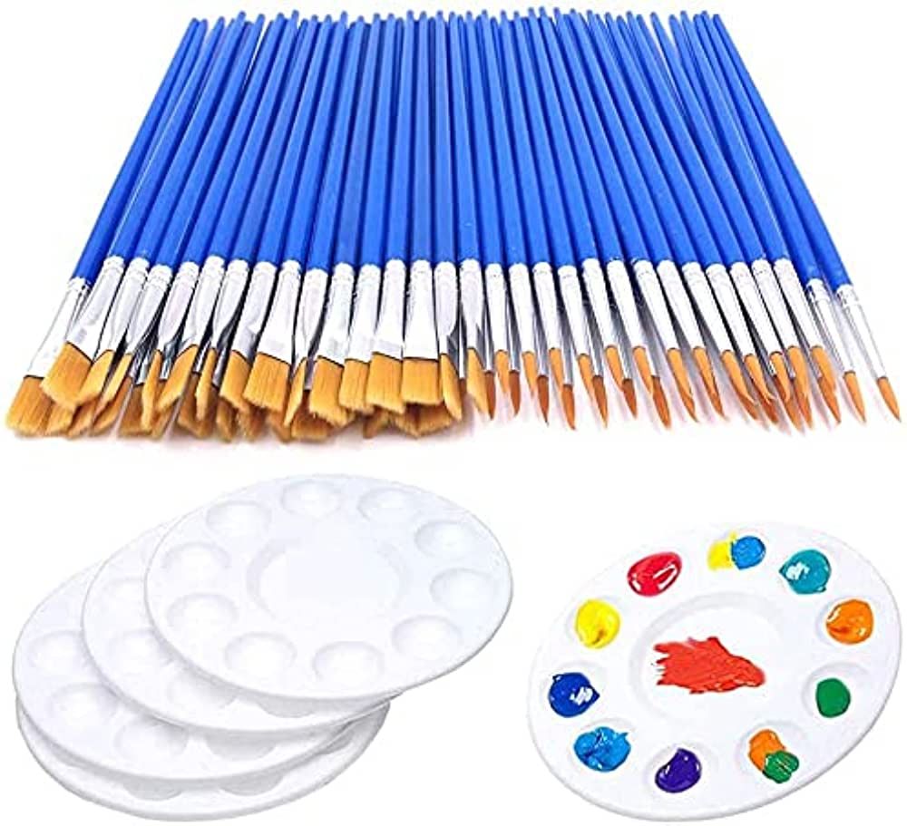 65Pcs Flat Paint Brush Pallet Set for Kids,60pcs Brushes + 5 PCS Round Paint Tray Palettes,Nylon ... | Amazon (US)