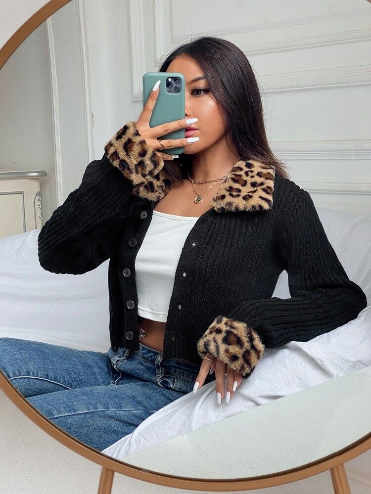Contrast Leopard Panel Cardigan | SHEIN