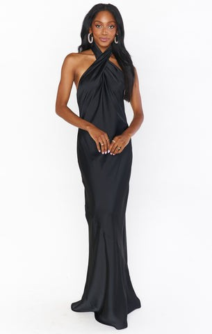 Jasmine Halter Maxi Dress ~ Black Luxe Satin | Show Me Your Mumu