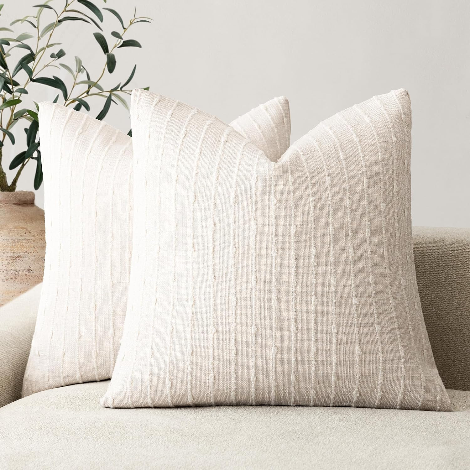 Foindtower Decorative Striped Boucle Throw Pillow Covers 18x18 Cream White | Amazon (US)