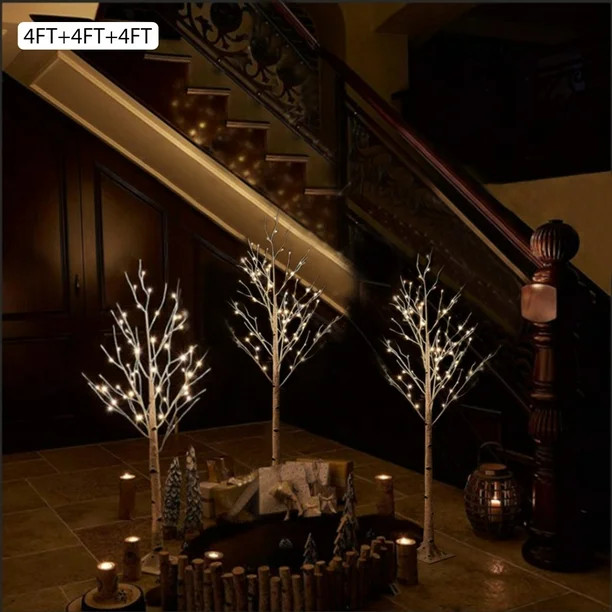 Pre-lit Birch Tree, 3 Pack 4FT Birch Tree with Warm White, White Christmas Tree Lights with Base,... | Walmart (US)