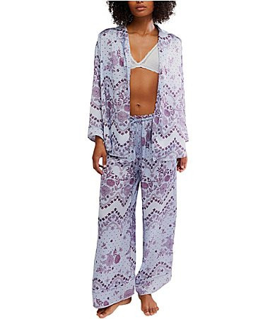 Free People Dreamy Days Bandana Print Satin Notch Collar Long Sleeve Wide Leg Oversized Pajama Set - L | Dillard's
