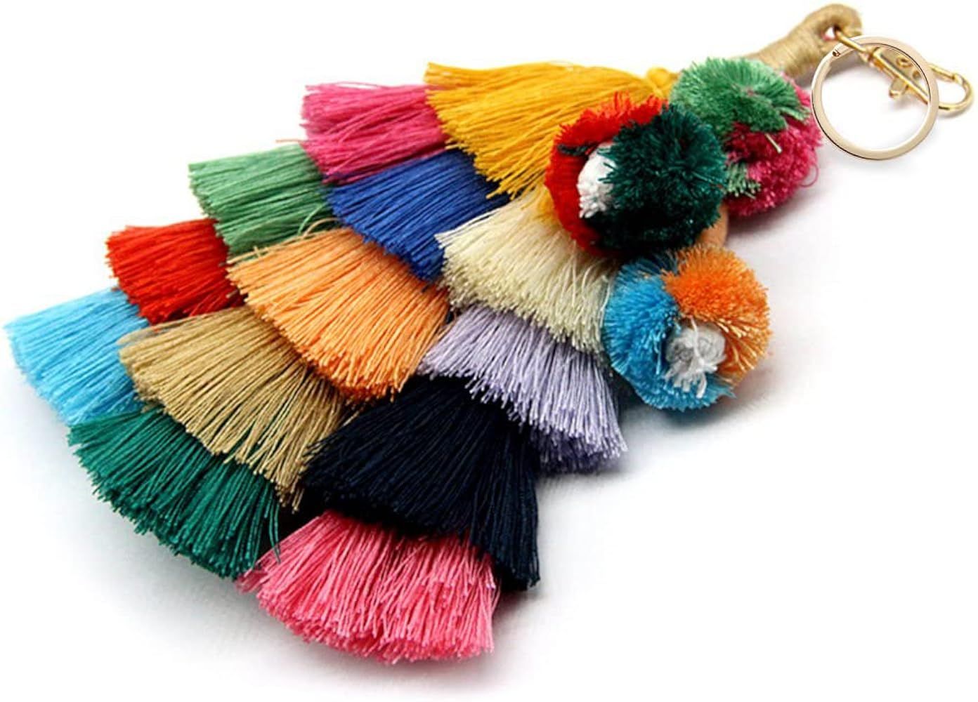 Colorful Keychains Boho Pom Pom Tassel Bag Decorations Charm Wristlet Bracelet Keyring for Women | Amazon (US)
