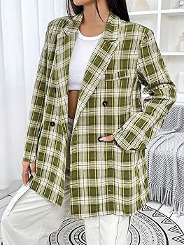Plaid Print Double Breasted Blazer for Women - Casual Lapel Long Sleeve Jacket | Amazon (US)