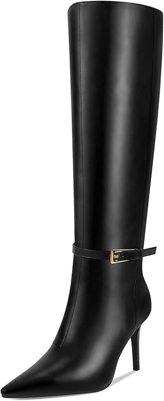 Knee High Boots Women Stiletto High Heel 3.3in, Side Zipper Pointed Toe Metal Buckle Tall Boots D... | Amazon (US)